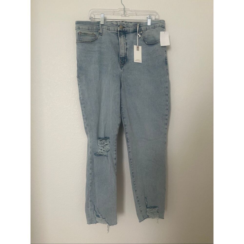 Good American Good Classic Jeans High Rise Skinny Fit Light Wash Distressed Size